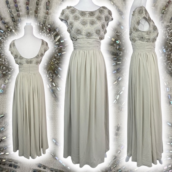 Beaded Sunburst Gown 4 Beige Long Maxi Dress Sun Flower Cap Sleeve Low Back JS - Picture 1 of 17